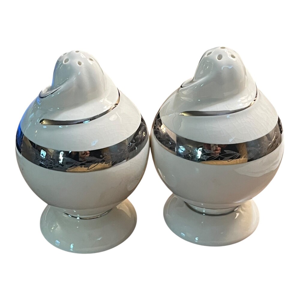 VTG Ceramic Art Deco Taylor Smith Platinum Oak Leaf Swirl 4" Salt Pepper Shakers